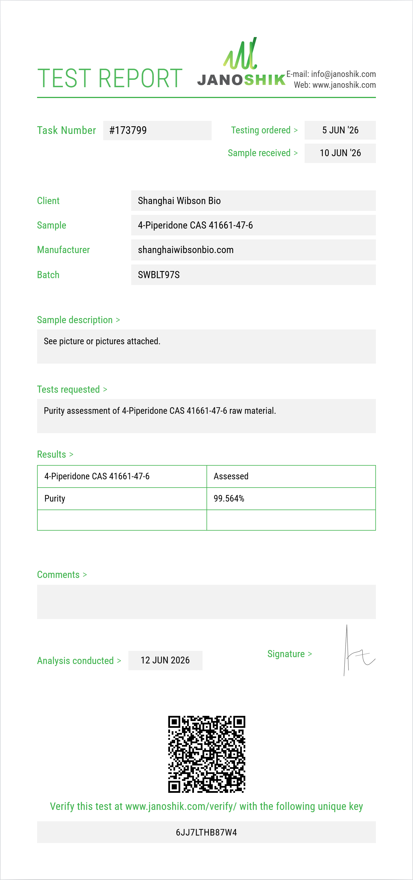 4-Piperidone CAS 41661-47-6 Purity (HPLC) report by Janoshik Analytical