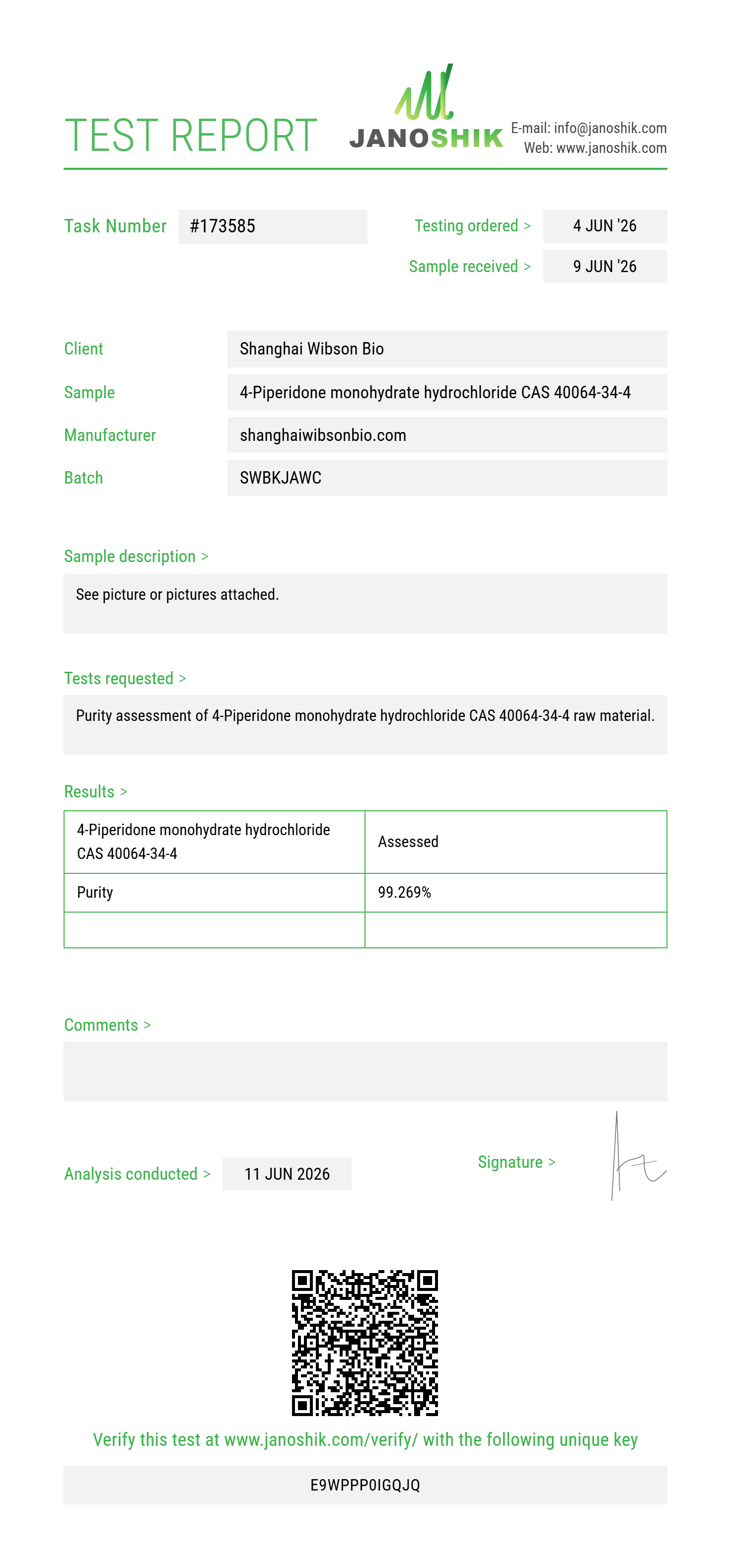 4-Piperidone monohydrate hydrochloride CAS 40064-34-4 Purity (HPLC) report by Janoshik Analytical