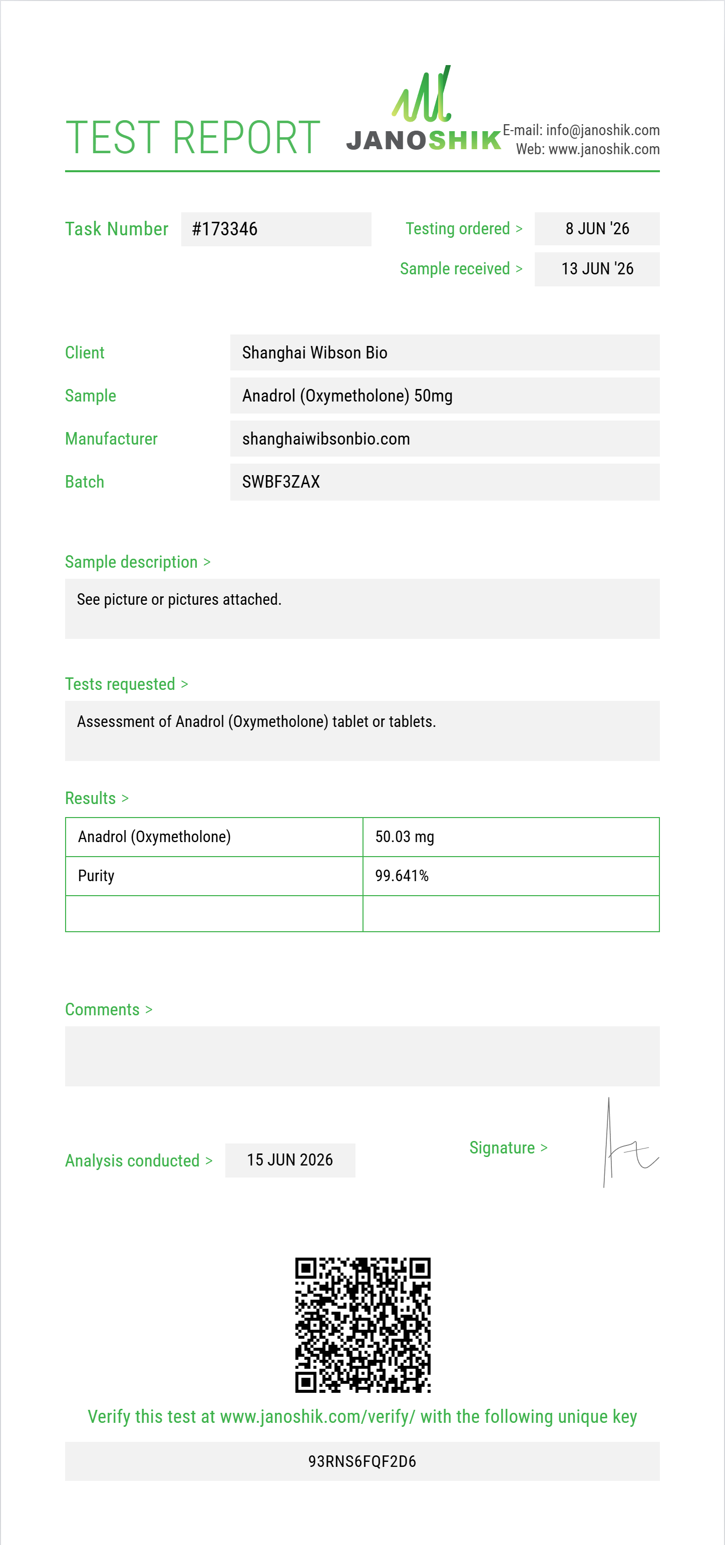Anadrol (Oxymetholone) Purity (HPLC) report by Janoshik Analytical