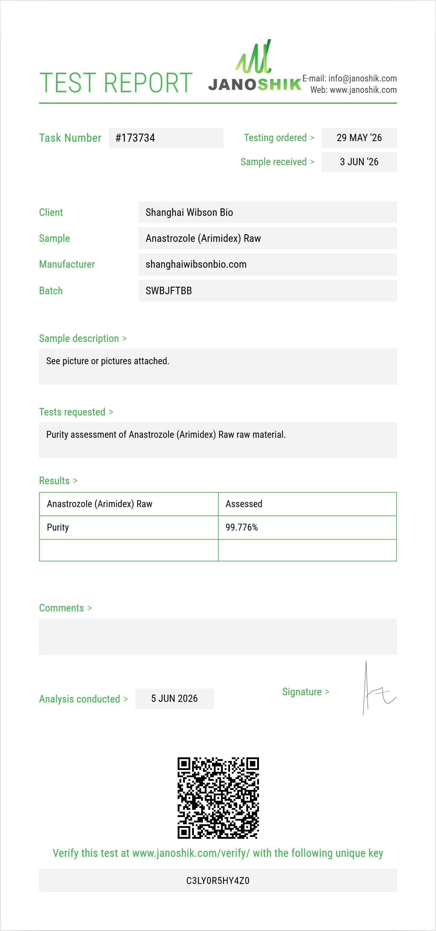 Anastrozole (Arimidex) Raw Purity (HPLC) report by Janoshik Analytical