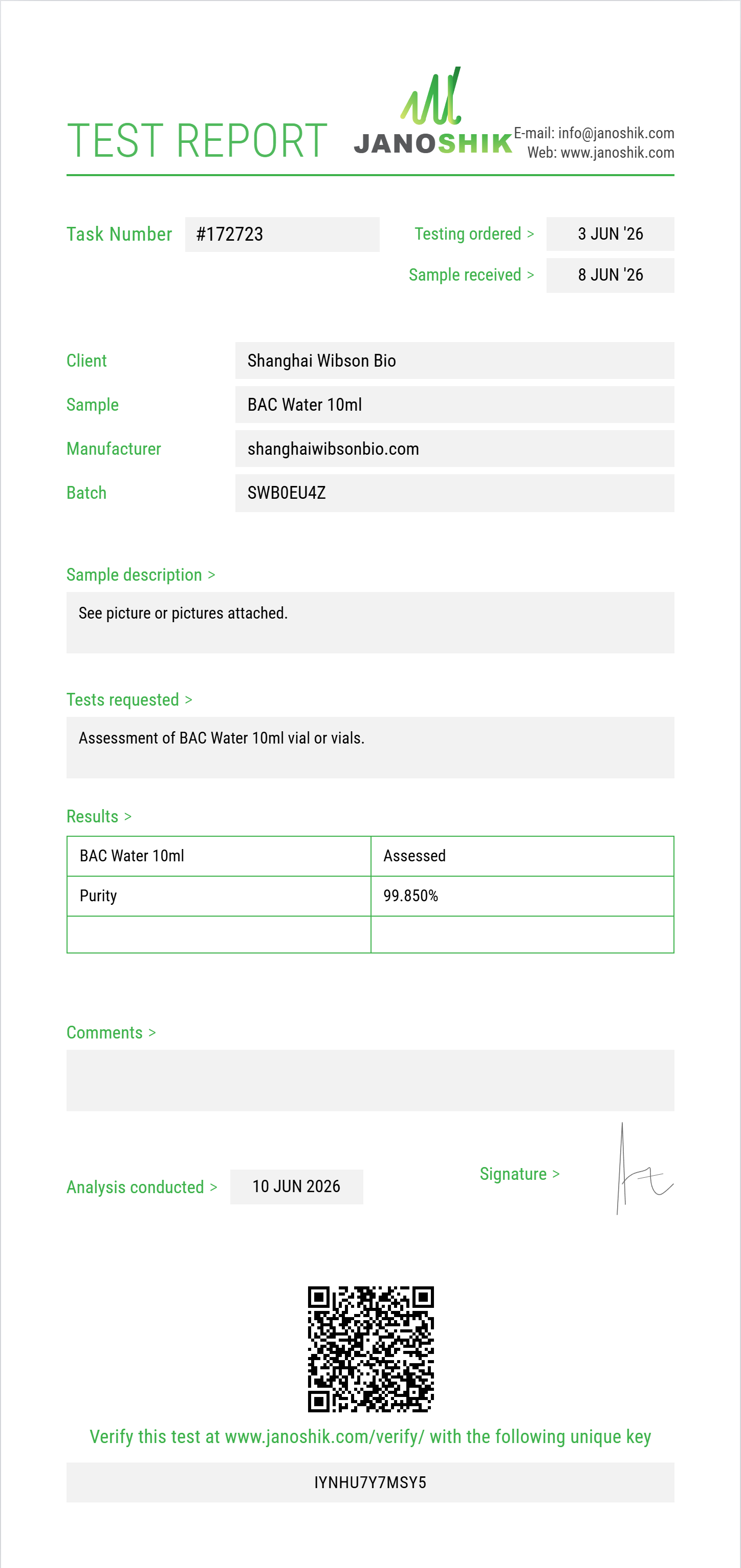 BAC Water Bundle Purity Test Report by Janoshik