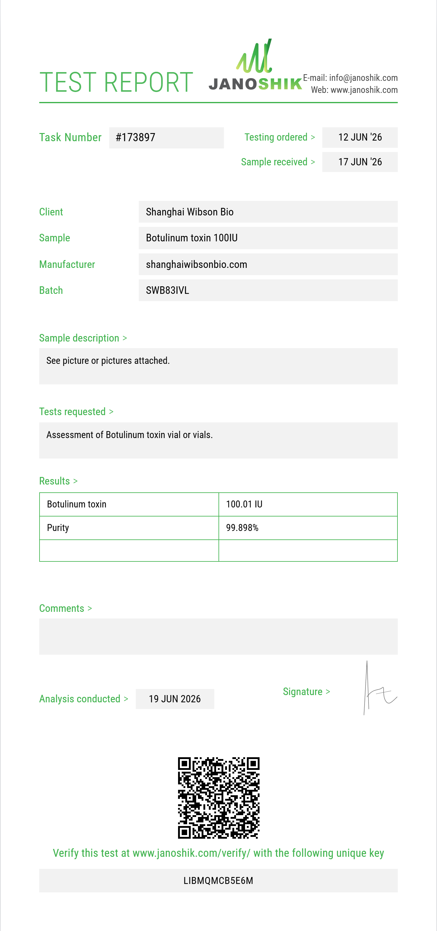Botulinum toxin Purity (HPLC) report by Janoshik Analytical