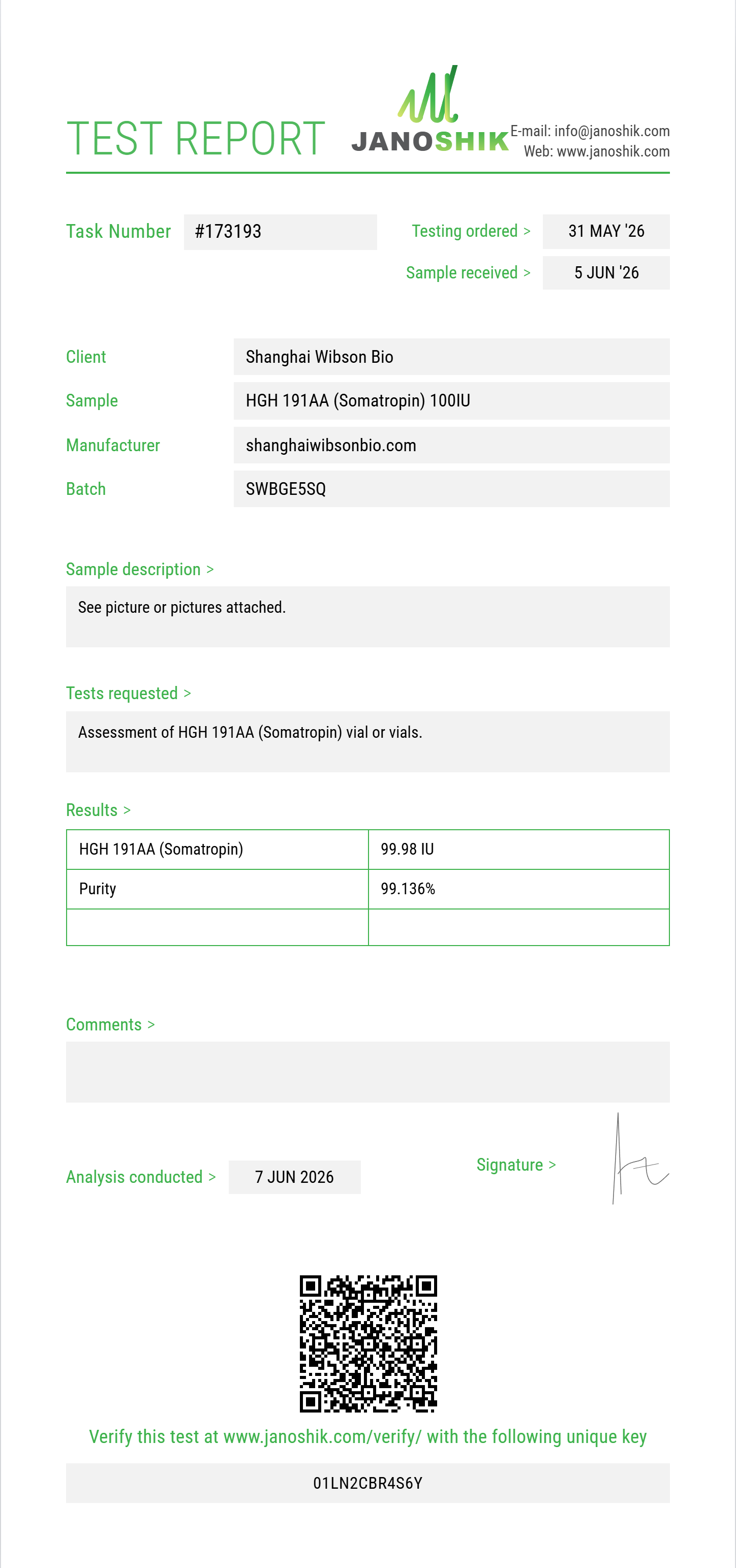 HGH 191AA (Somatropin) Purity (HPLC) report by Janoshik Analytical