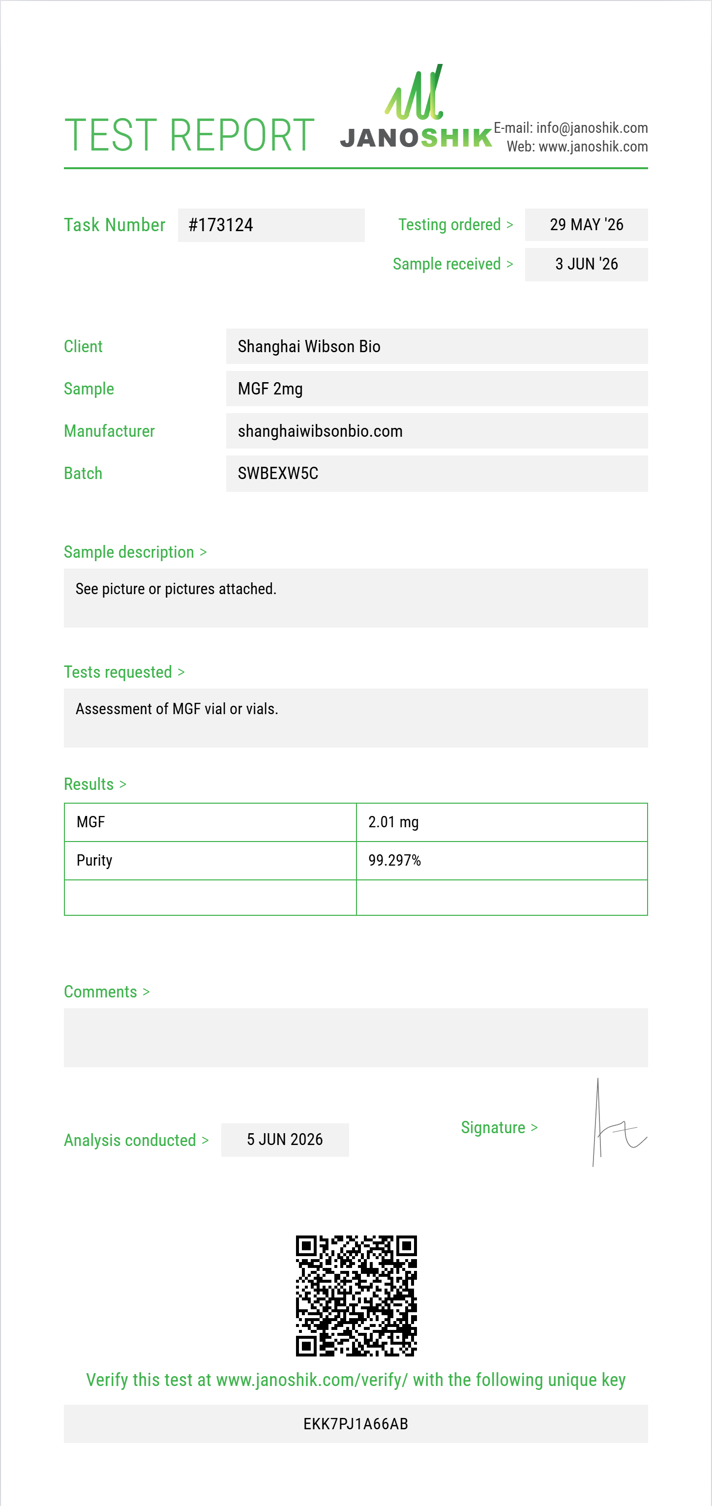 MGF Purity (HPLC) report by Janoshik Analytical