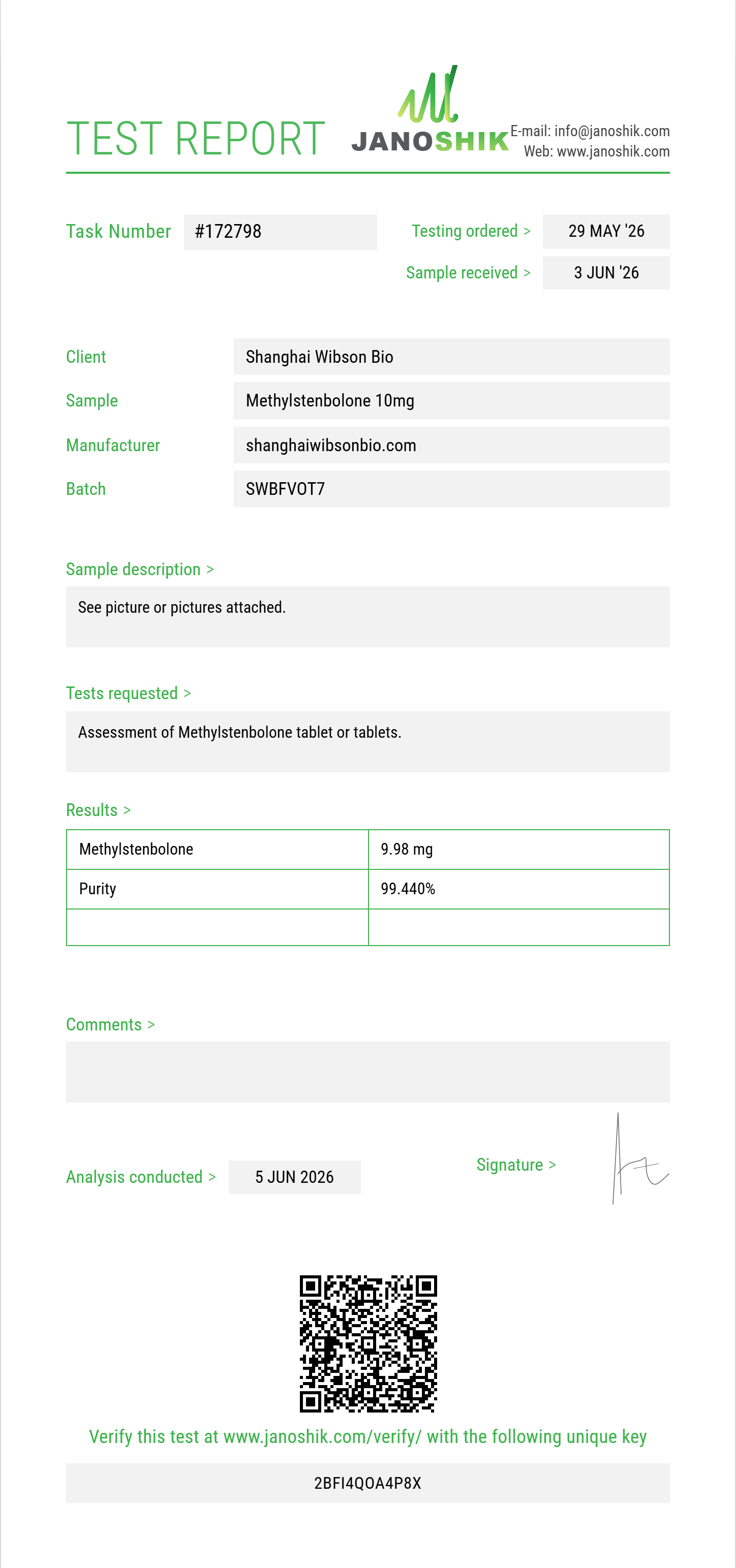 Methylstenbolone Purity (HPLC) report by Janoshik Analytical