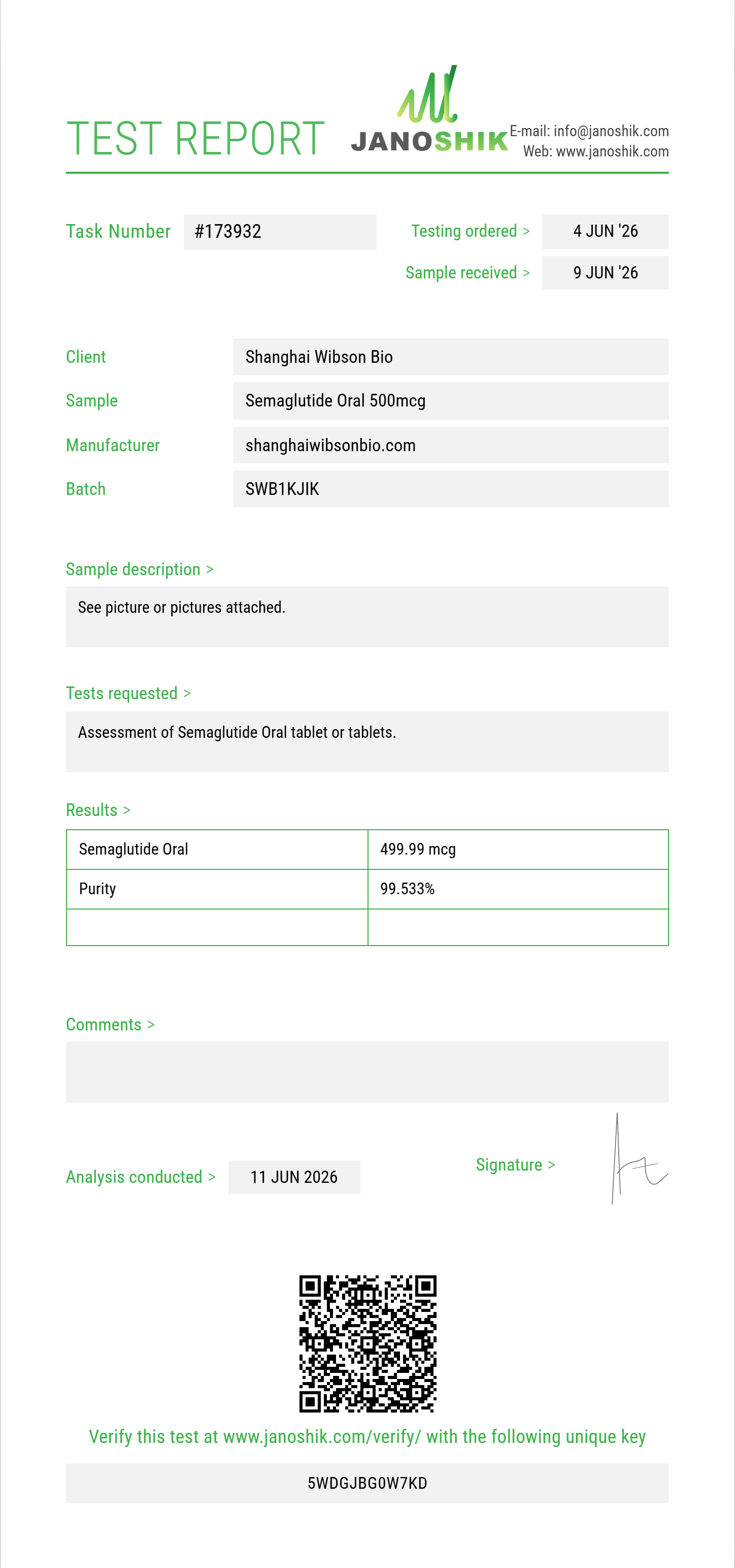 Semaglutide Oral Purity (HPLC) report by Janoshik Analytical