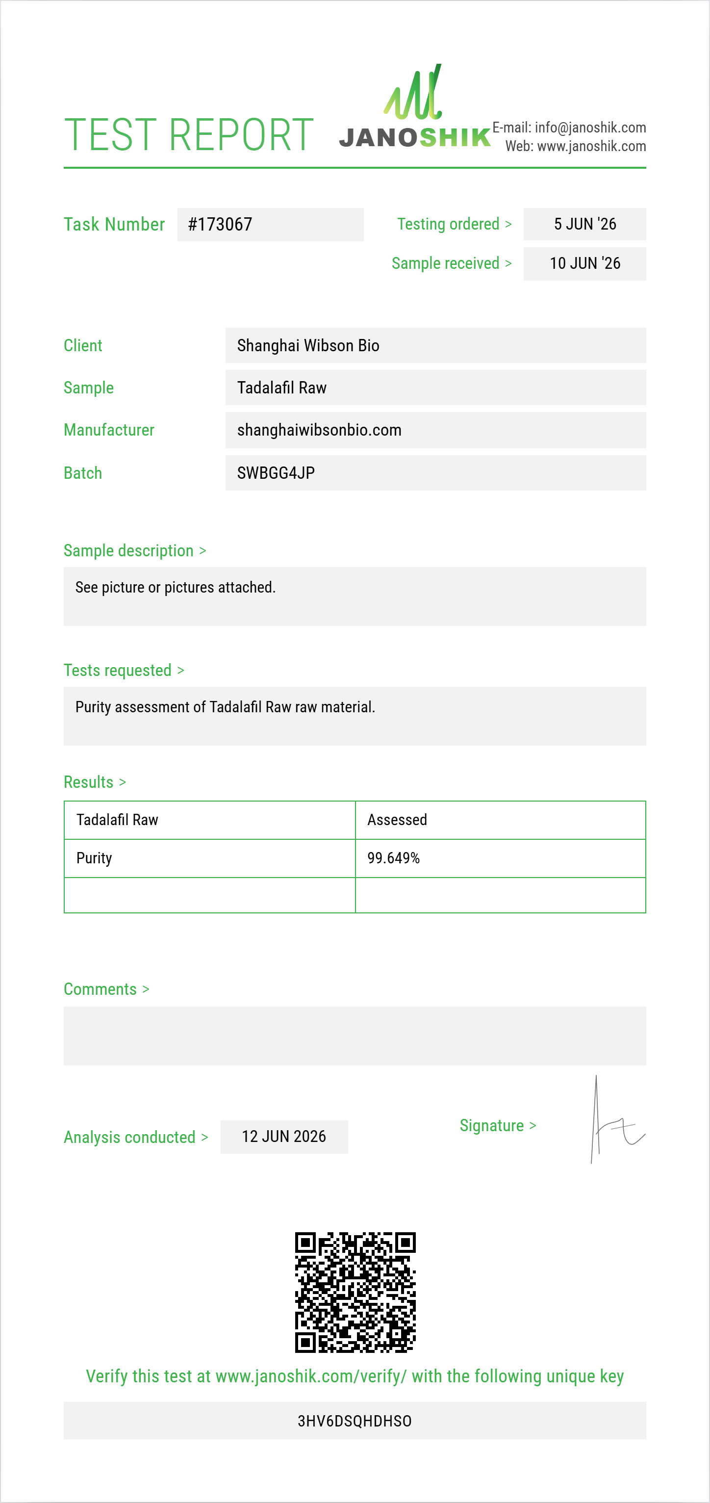 Tadalafil Raw Purity (HPLC) report by Janoshik Analytical