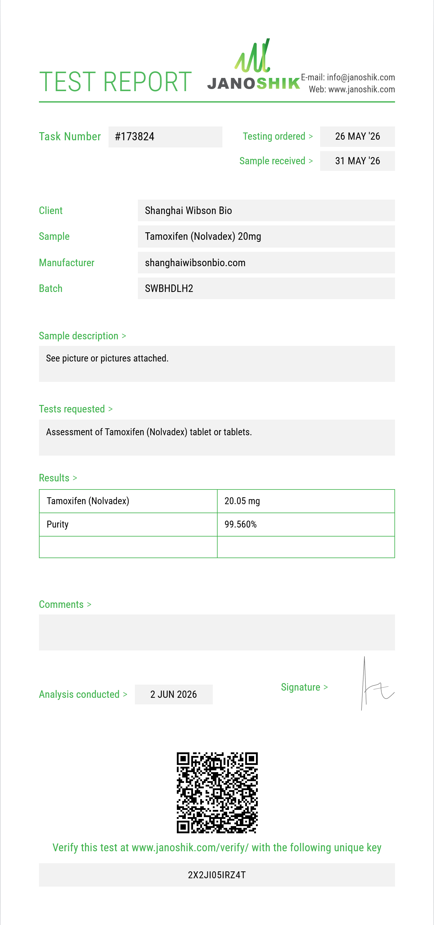 Tamoxifen (Nolvadex) Purity (HPLC) report by Janoshik Analytical