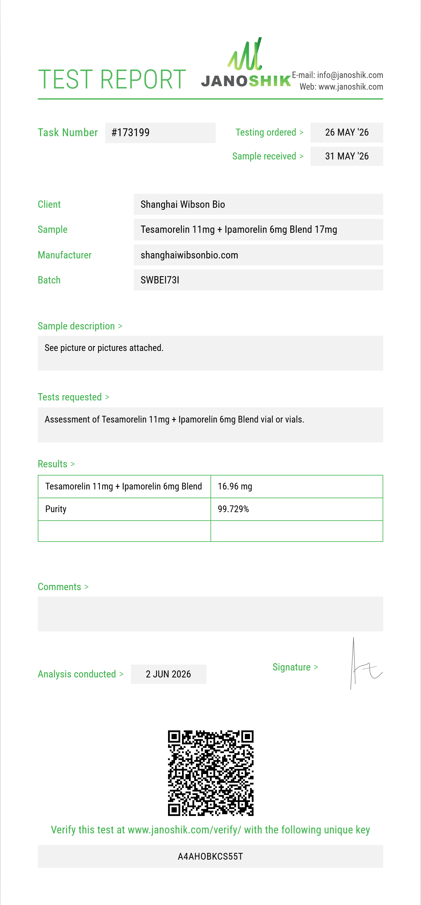 Tesamorelin 11mg + Ipamorelin 6mg Blend Purity (HPLC) report by Janoshik Analytical
