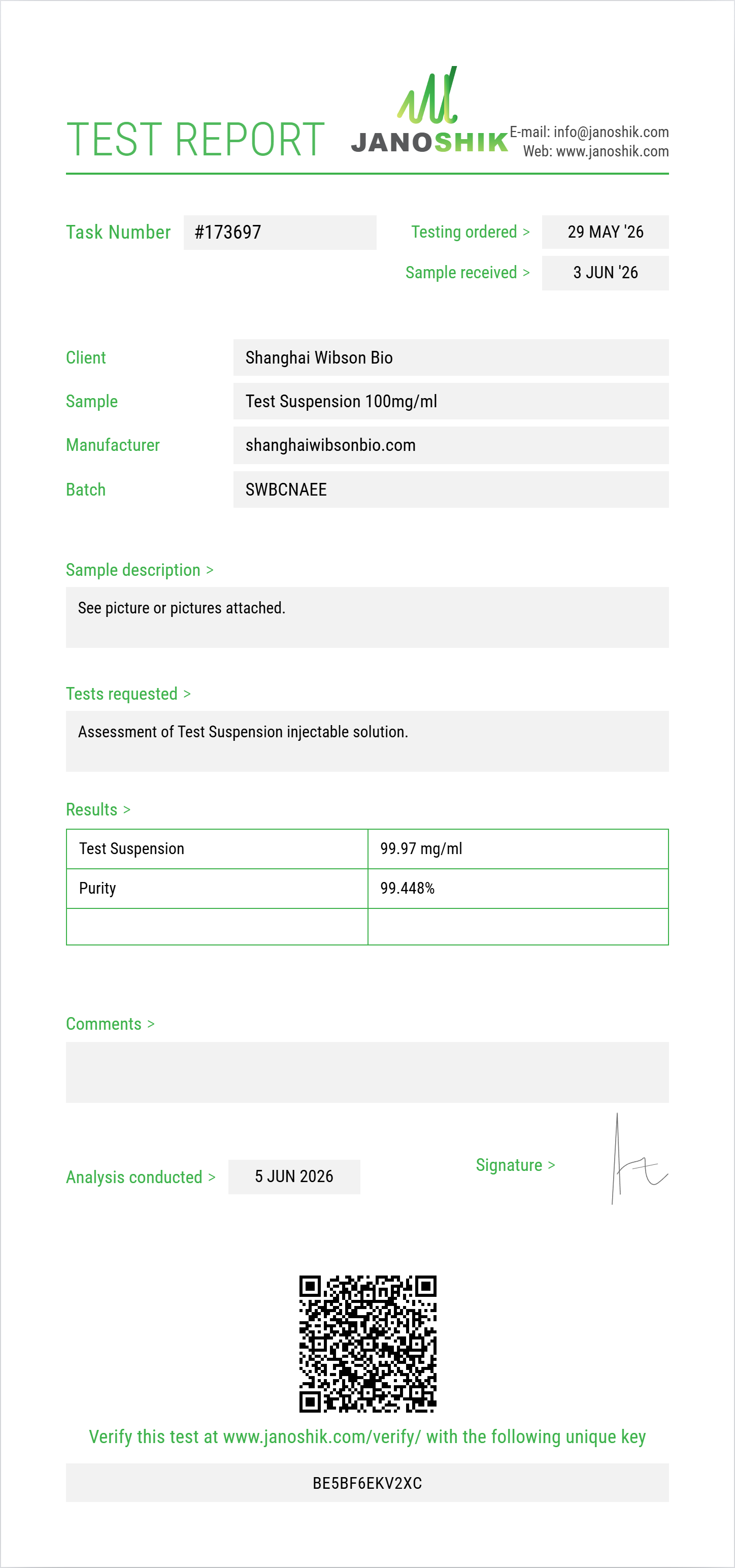 Test Suspension Purity (HPLC) report by Janoshik Analytical