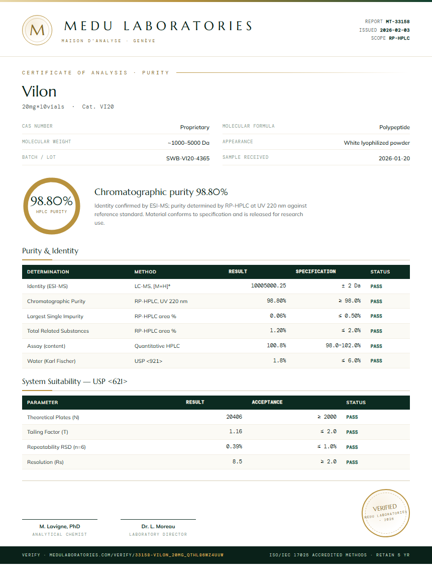 Vilon Purity (HPLC) report by Medu Laboratories