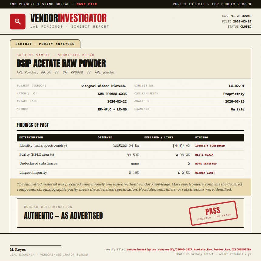 DSIP Acetate Raw Powder Purity (HPLC) report by VendorInvestigator