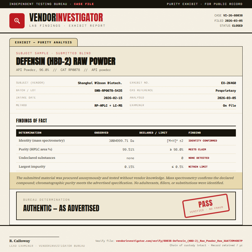 Defensin (HBD-2) Raw Powder Purity (HPLC) report by VendorInvestigator