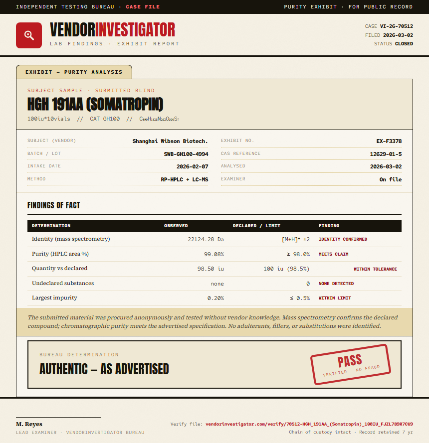 HGH 191AA (Somatropin) Purity (HPLC) report by VendorInvestigator