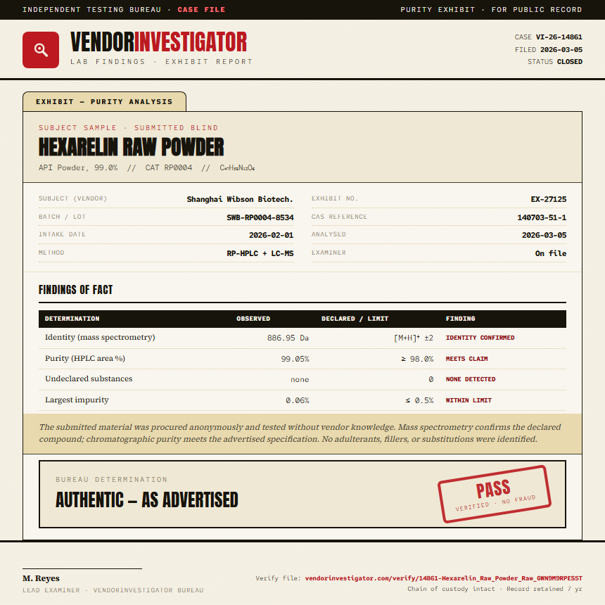 Hexarelin Raw Powder Purity (HPLC) report by VendorInvestigator