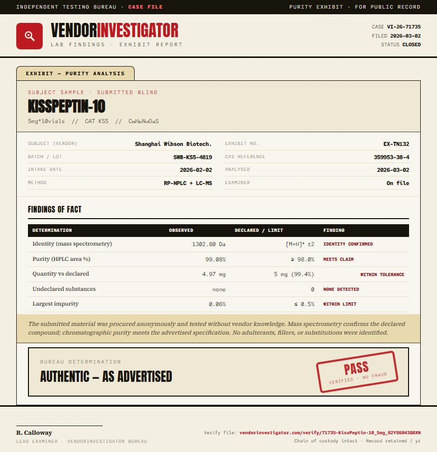 KissPeptin-10 Purity (HPLC) report by VendorInvestigator