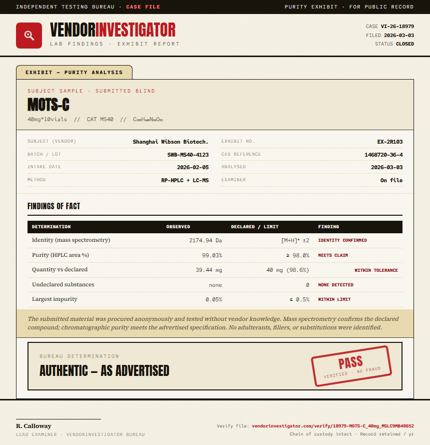 MOTS-C Purity (HPLC) report by VendorInvestigator