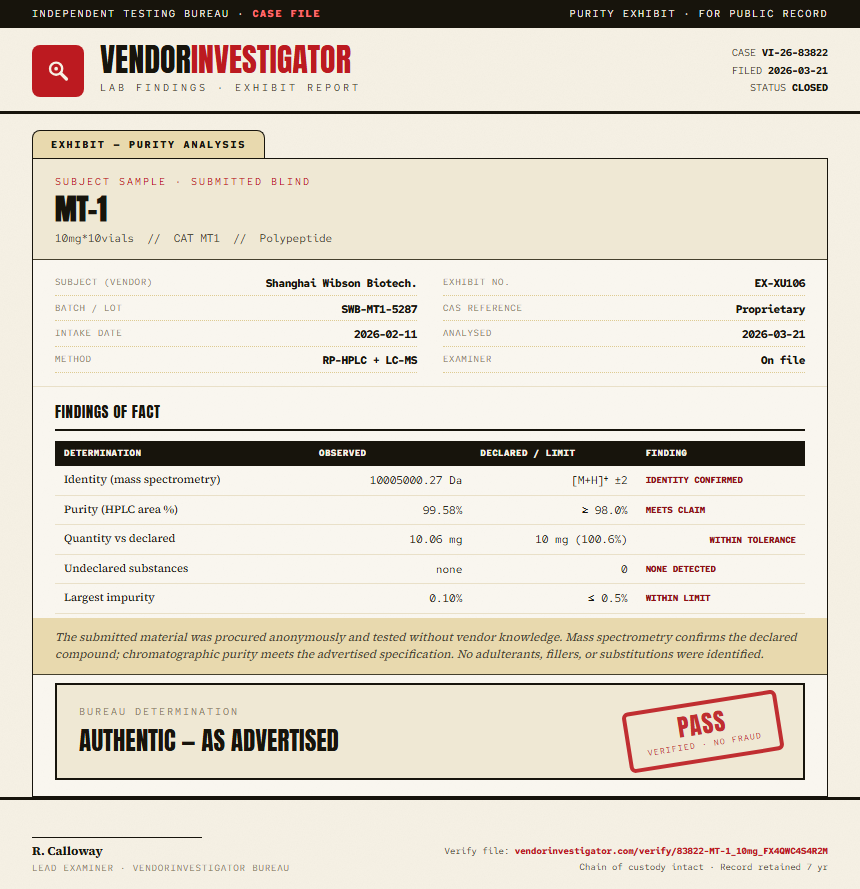 MT-1 Purity (HPLC) report by VendorInvestigator