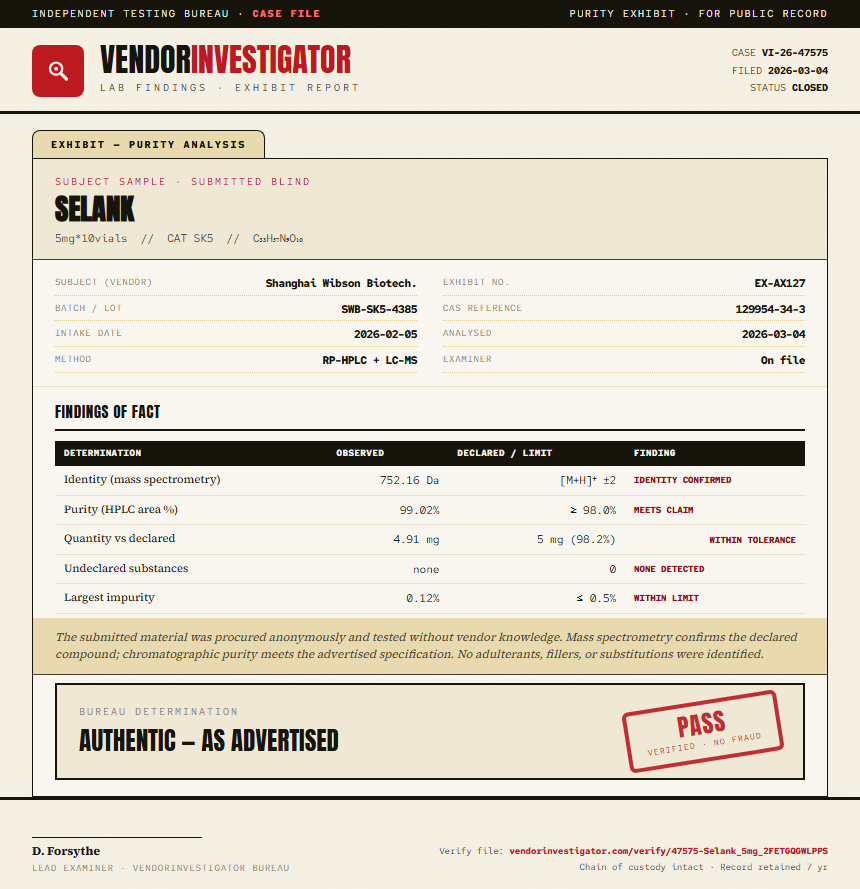 Selank Purity (HPLC) report by VendorInvestigator