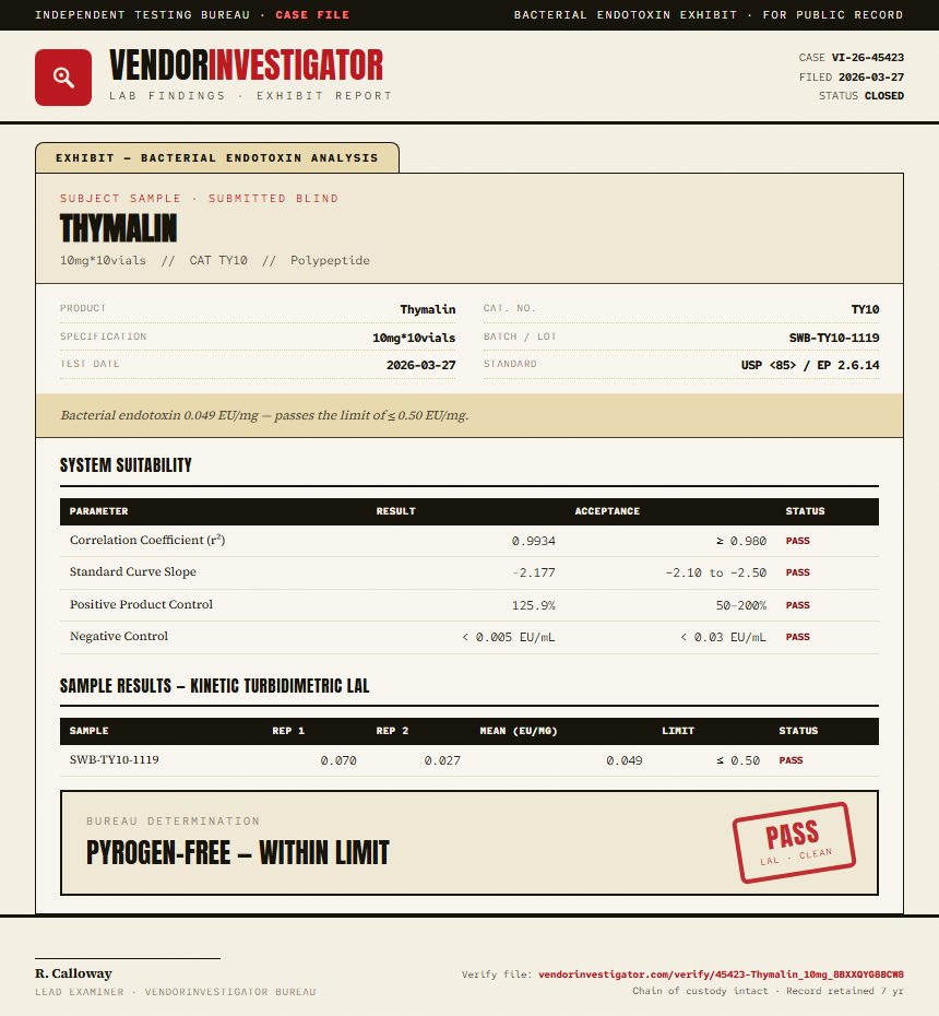 Thymalin Endotoxin report by VendorInvestigator
