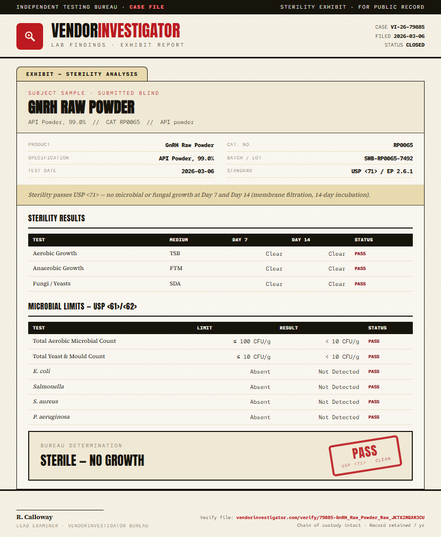 GnRH Raw Powder Sterility report by VendorInvestigator