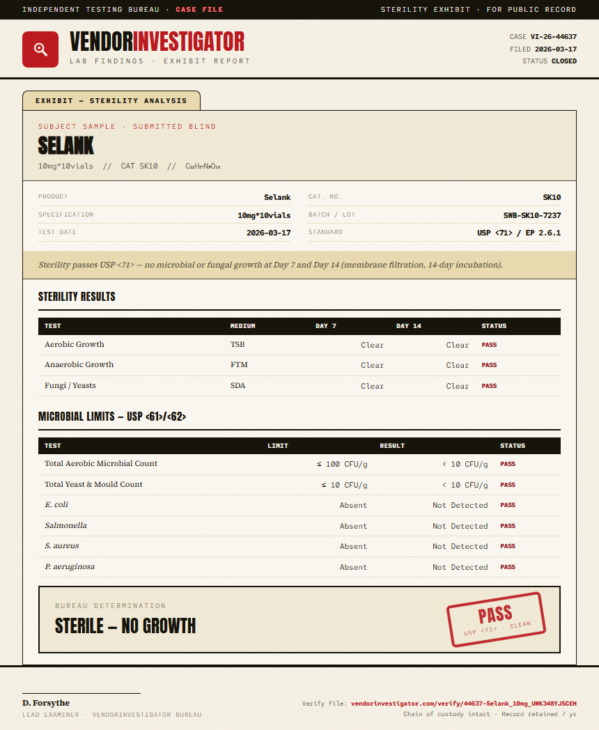 Selank Sterility report by VendorInvestigator
